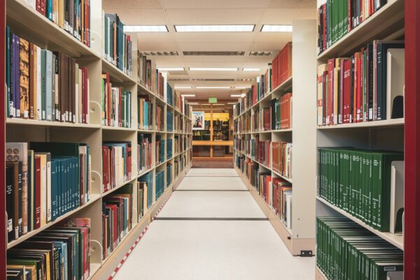 Dug prolaz između polica sa knjigama u biblioteci