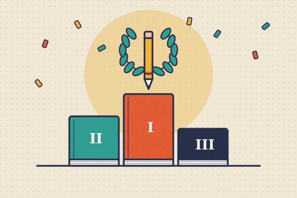 Ilustracija: postolje od knjiga sa lovorovim vencem