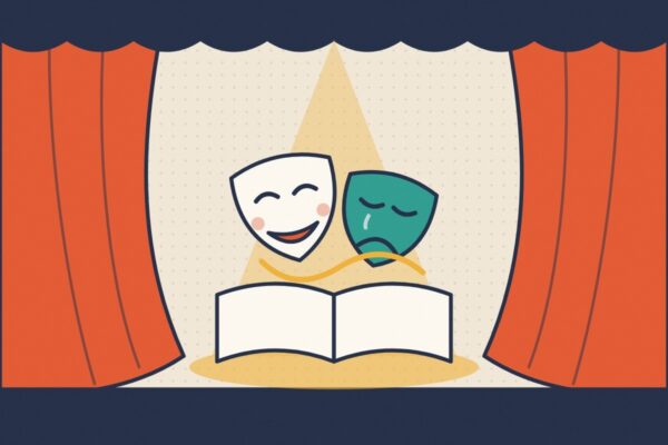 Ilustracija: pozorišne maske iznad otvorene knjige na sceni