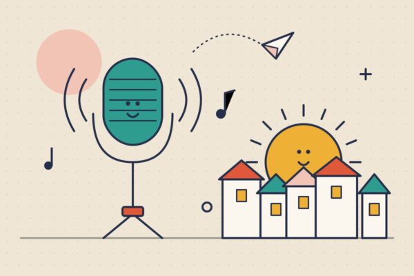 Ilustracija: nasmejani radio-mikrofon, sunce koje izlazi iznad krovova i papirni avion