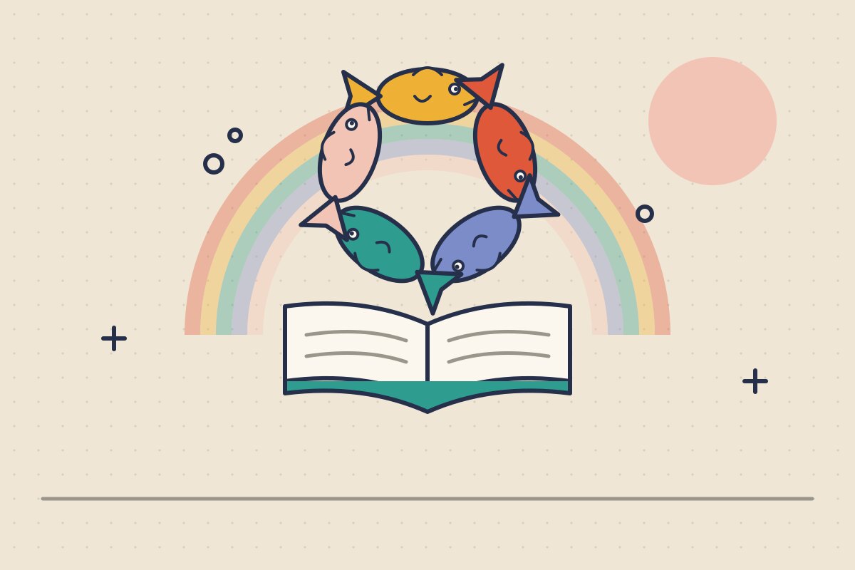 Ilustracija: pet šarenih riba u krugu, svaka grize rep sledećoj, iznad otvorene knjige i duge