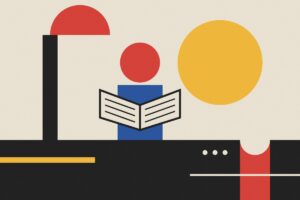 Bauhaus ilustracija: čitalac od geometrijskih oblika sa otvorenom knjigom