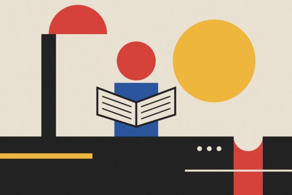 Bauhaus ilustracija: čitalac od geometrijskih oblika sa otvorenom knjigom