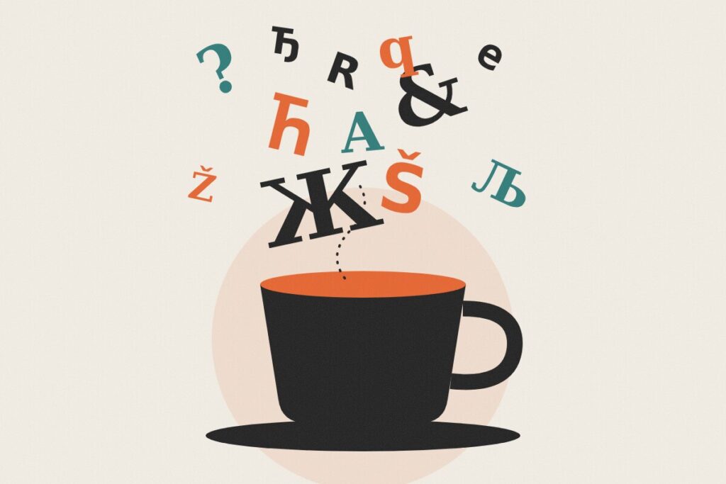 Tipografska ilustracija: slova ćirilice i latinice dižu se iz šoljice kao para
