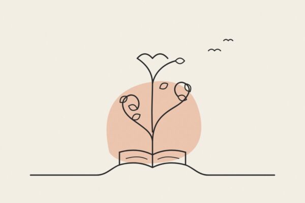 Ilustracija jednom linijom: drvo izrasta iz otvorene knjige