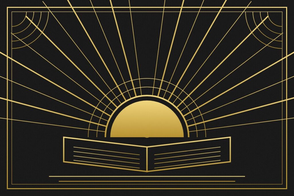 Art deko ilustracija: zlatno sunce izlazi iznad otvorene knjige