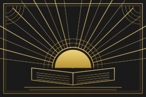 Art deko ilustracija: zlatno sunce izlazi iznad otvorene knjige