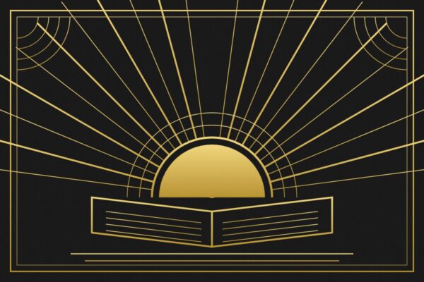 Art deko ilustracija: zlatno sunce izlazi iznad otvorene knjige