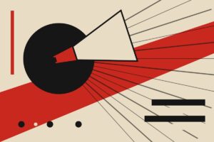 Ilustracija u stilu konstruktivizma: megafon, crni krug, crveni klin i zraci