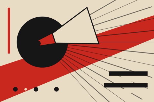 Ilustracija u stilu konstruktivizma: megafon, crni krug, crveni klin i zraci