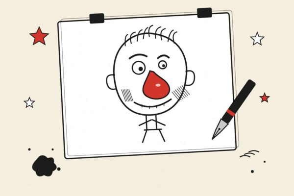 Ilustracija tušem: karikatura lica sa velikim crvenim nosom na tabli za crtanje, pero i mrlja od mastila