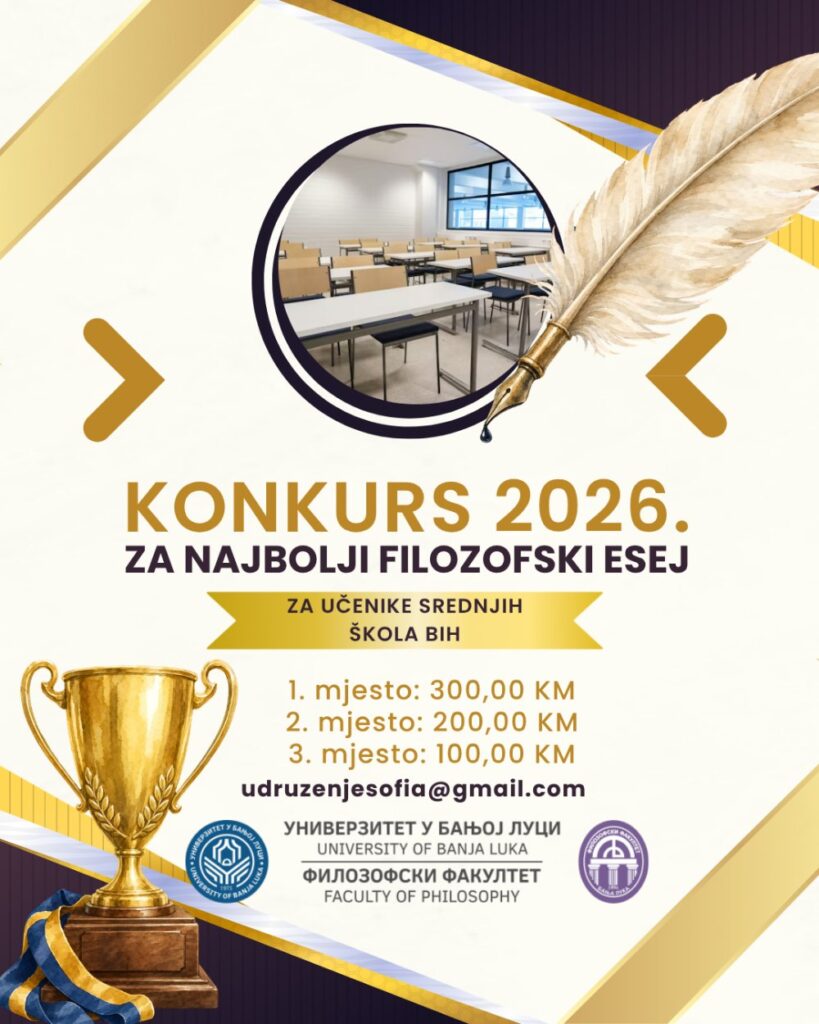 Plakat Konkursa za najbolji filozofski esej 2026, Udruženje Sofia, Banja Luka