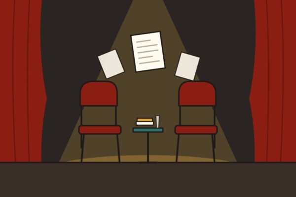 Ilustracija: dve fotelje i stočić sa knjigama pod reflektorom, na pozornici sa crvenim zavesama