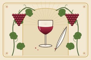 Ilustracija u stilu secesije: čaša crnog vina, guščije pero i vinova loza sa grozdovima