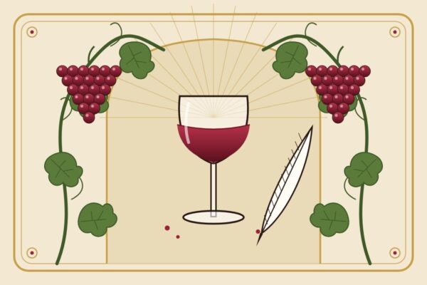 Ilustracija u stilu secesije: čaša crnog vina, guščije pero i vinova loza sa grozdovima